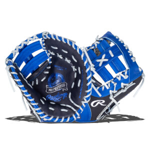 Open view of a blue and black Rawlings Pro Preferred baseball glove with white lacing.