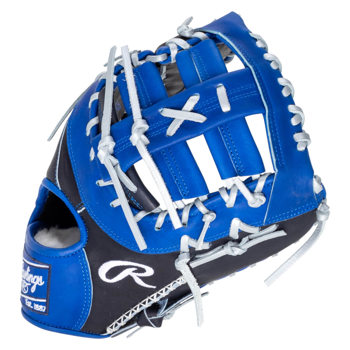 Front view of a blue and black baseball glove with white lacing and the Rawlings logo.