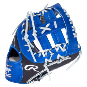 Front view of a blue and black baseball glove with white lacing and the Rawlings logo.