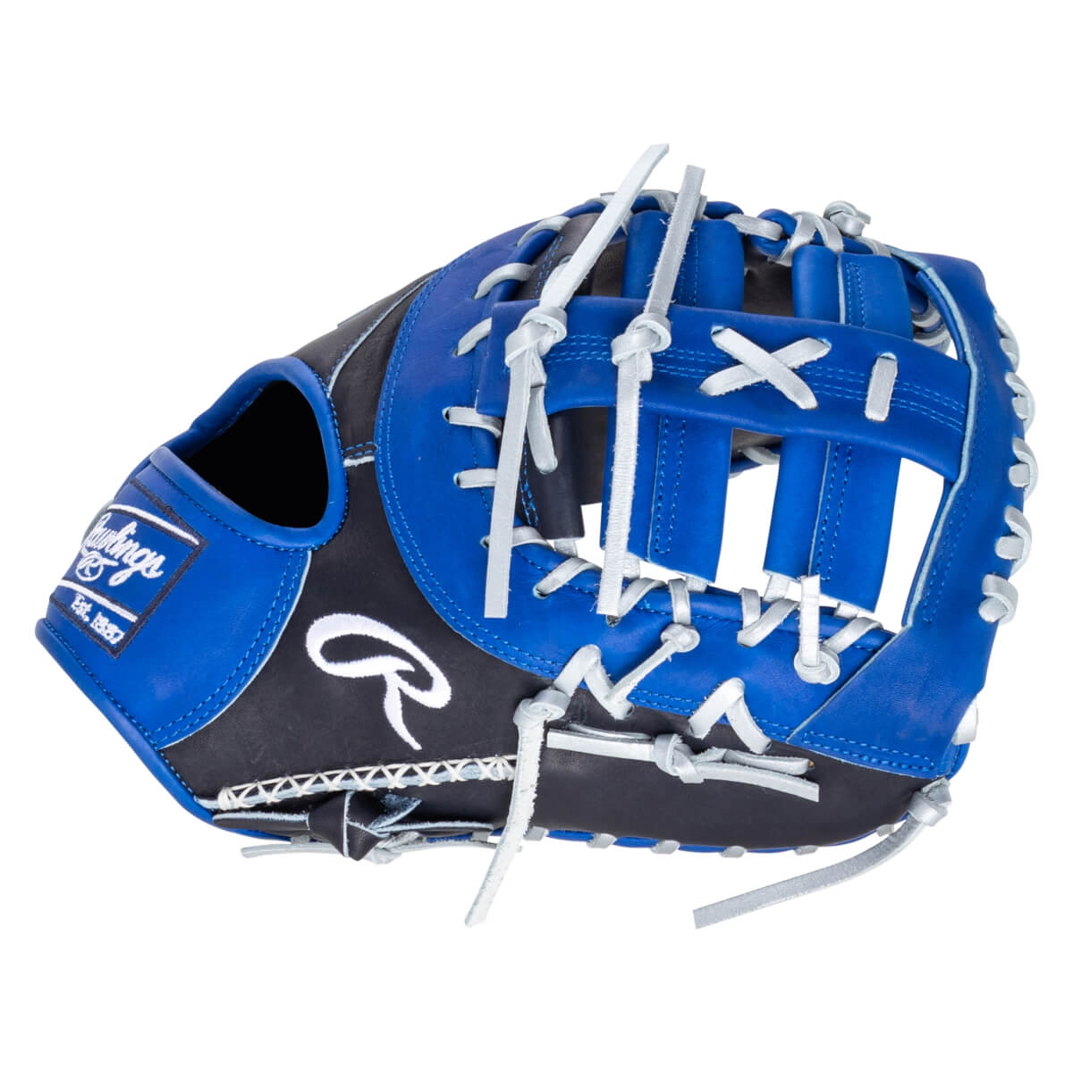 Top-down view of a blue and black baseball glove with white Rawlings logo and "Est. 1887" text.
