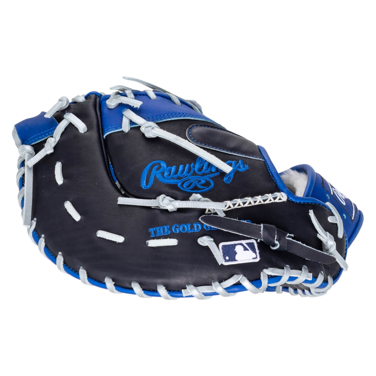 Front view of a black and blue Rawlings baseball glove with white lacing and "THE GOLD GLOVE" text.
