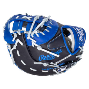 Front view of a black and blue baseball glove with white lacing and "Rawlings" embroidered in blue.