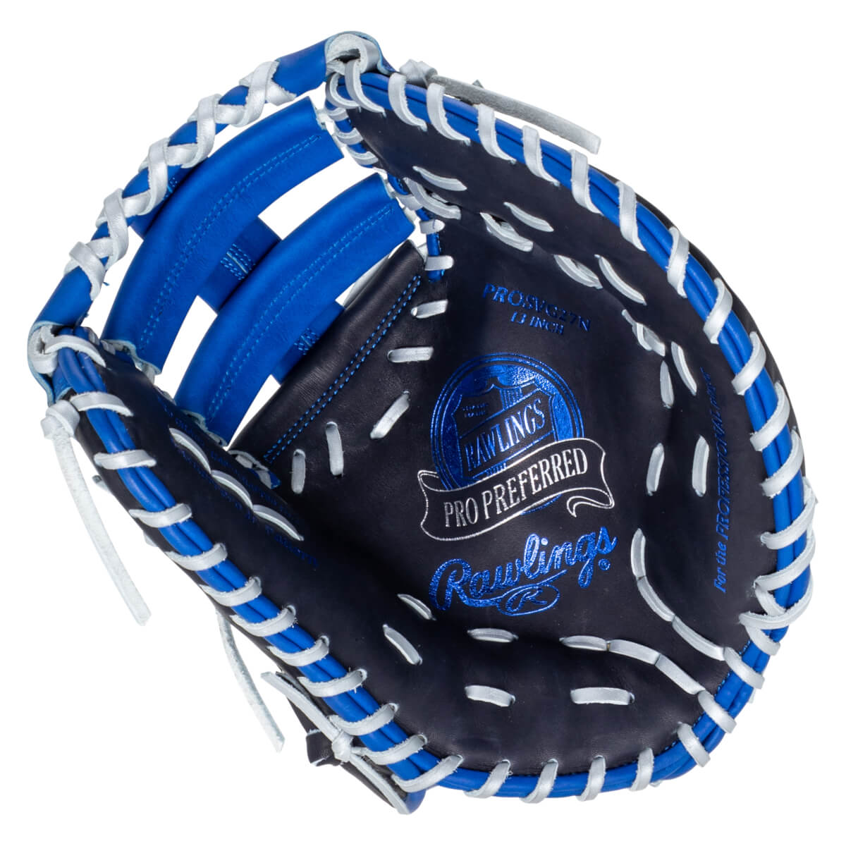 Top-down view of a navy Rawlings Pro Preferred baseball glove with blue lacing and white stitching.