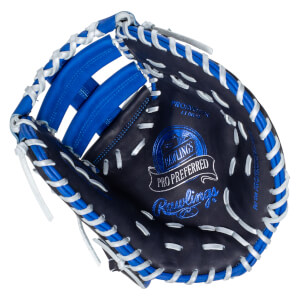 Top-down view of a navy Rawlings Pro Preferred baseball glove with blue lacing and white stitching.