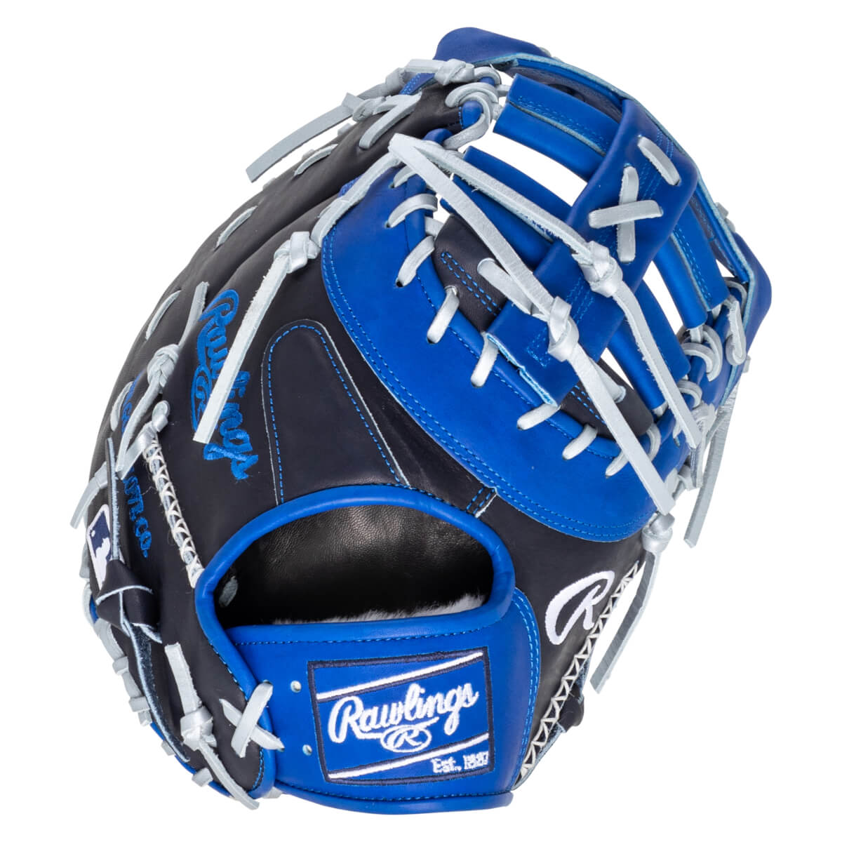 Top-down view of a navy and royal blue baseball glove with white lacing and a Rawlings logo.