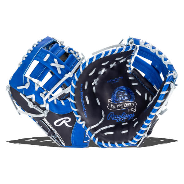 Open view of a blue and black Rawlings Pro Preferred baseball glove with white lacing and visible "Rawlings" and "PRO PREFERRED" text.