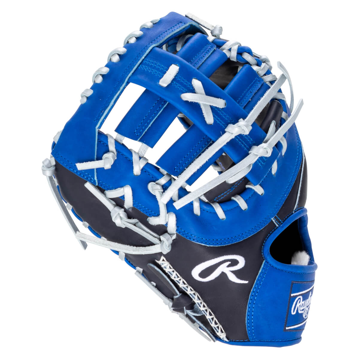 Side view of a blue and black baseball glove with white lacing and a Rawlings logo.