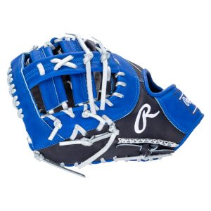 Side view of a blue and black Rawlings baseball glove with white lacing and a white "R" logo.