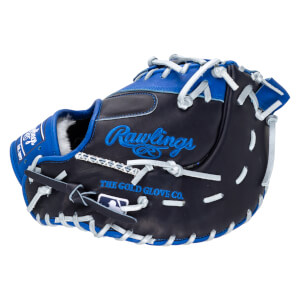 Top-down view of a navy and royal blue baseball glove with white lacing and "Rawlings" embroidered in blue.