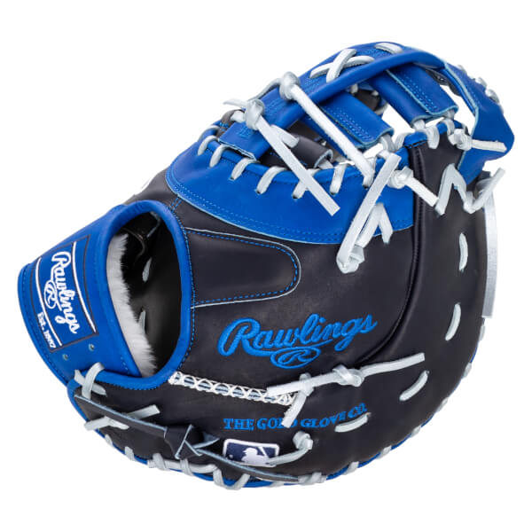 Side view of a navy and royal blue Rawlings baseball glove with white lacing and "Rawlings" and "The Gold Glove Co." text.