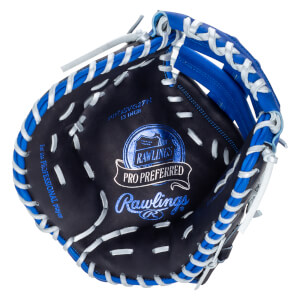 Top-down view of a navy and blue Rawlings Pro Preferred baseball glove with white lacing and visible "PROSVG27N 13 INCH" text.