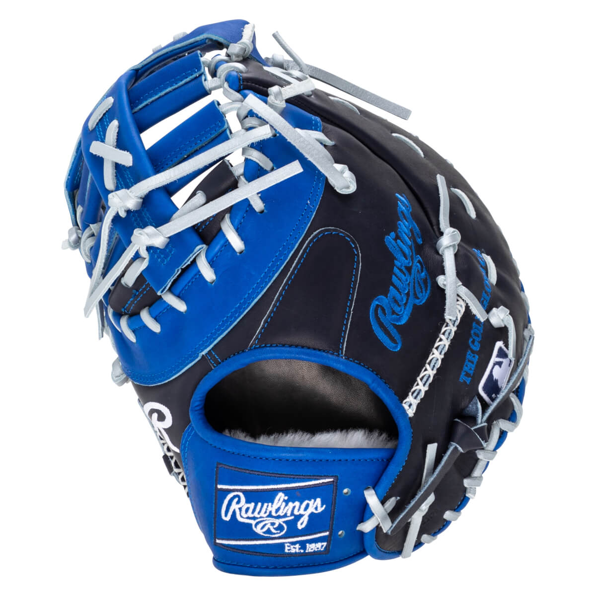 Front view of a black and blue Rawlings baseball glove with white laces and "Rawlings Est. 1897" logo.