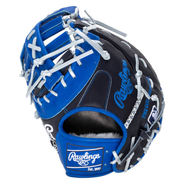 Front view of a black and blue Rawlings baseball glove with white laces and "Rawlings Est. 1897" logo.