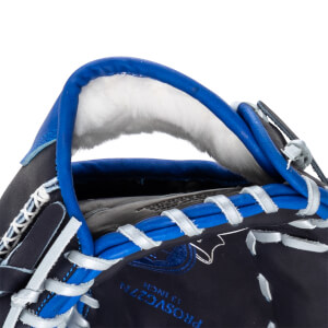 Close-up of a navy baseball glove with bright blue trim and white lacing, showing the "PROSVG27N 13 INCH" text.