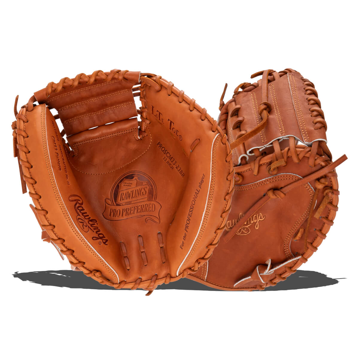 Front view of an open brown leather baseball mitt with "Rawlings PRO PREFERRED" and "33 INCH" visible.