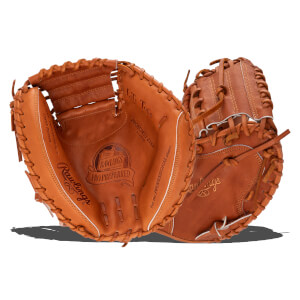 Front view of an open brown leather baseball mitt with "Rawlings PRO PREFERRED" and "33 INCH" visible.