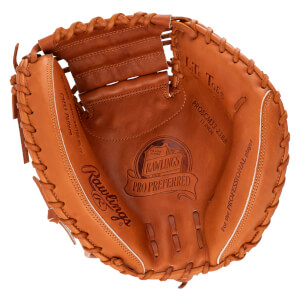 Inside view of a brown Rawlings Pro Preferred baseball glove, showing the "LTD TOE" and "PROSCM33-23BR 33 INCH" text.