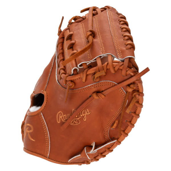 Front view of a brown Rawlings baseball glove with visible stitching and a large R logo.