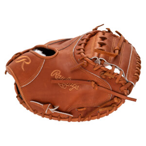 Top-down view of a brown Rawlings baseball glove with a white inner lining and embroidered "R" logo.