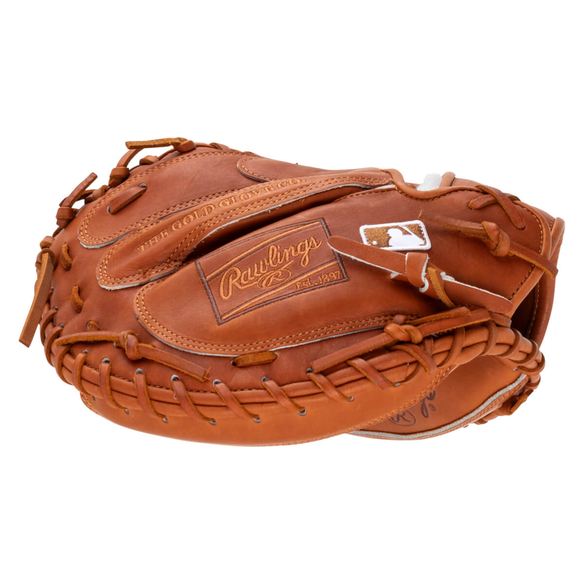 Front view of a brown Rawlings baseball glove with "THE GOLD GLOVE CO." and "Rawlings Est. 1887" visible.