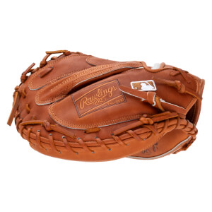 Front view of a brown Rawlings baseball glove with "THE GOLD GLOVE CO." and "Rawlings Est. 1887" visible.
