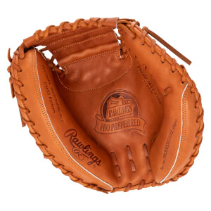 Top-down view of a brown Rawlings Pro Preferred baseball glove with "PRO GRADE HANDCRAFTED NO. 81 CM33 Pattern" and "PROSCM33-23BR 33 INCH" visible.
