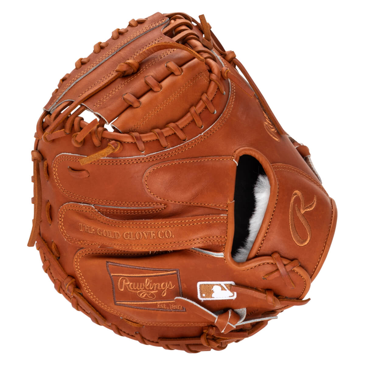 Front view of a brown leather catcher's mitt with "Rawlings" and MLB logo.