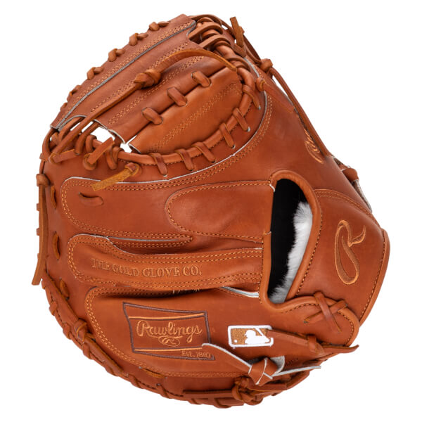 Front view of a brown leather catcher's mitt with "Rawlings" and MLB logo.