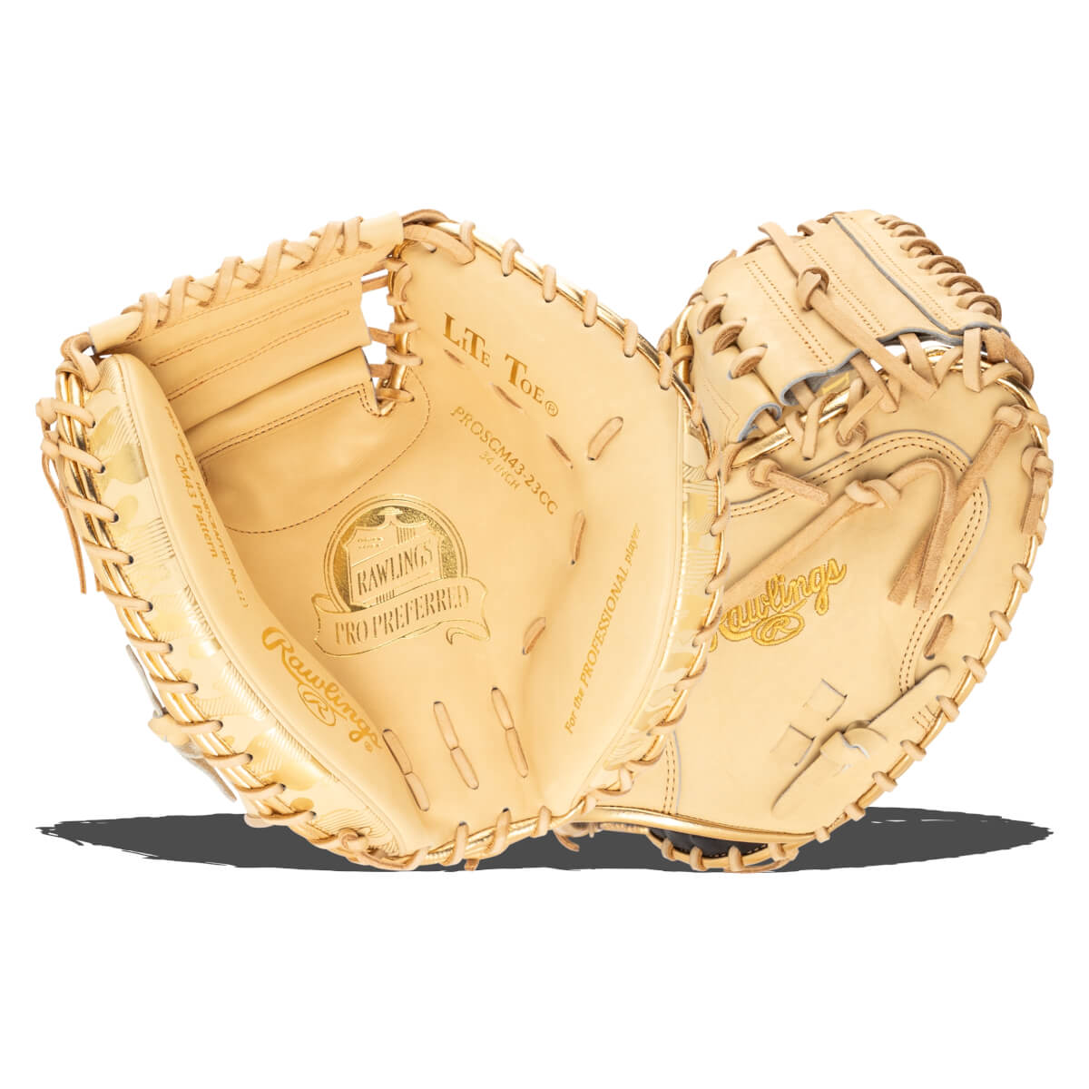 Interior view of a tan Rawlings Pro Preferred baseball mitt with gold accents and "PROSCM43-23CC 34 INCH" text.