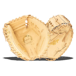 Interior view of a tan Rawlings Pro Preferred baseball mitt with gold accents and "PROSCM43-23CC 34 INCH" text.