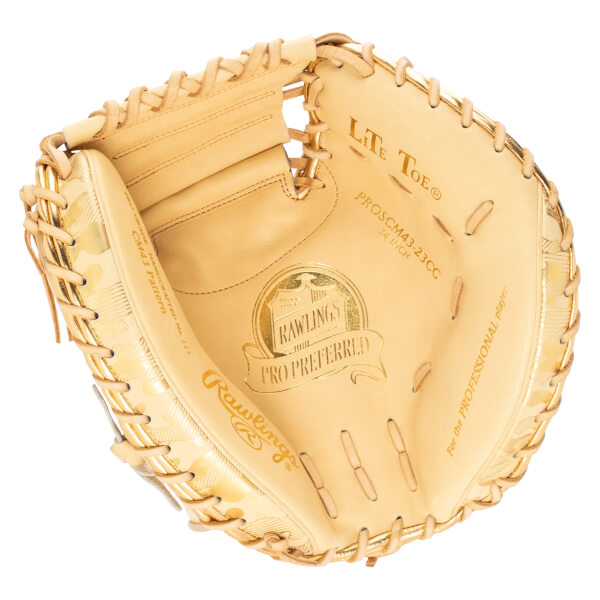 Top-down view of a Rawlings Pro Preferred baseball glove with gold camouflage accents and "LITE TOE" text.