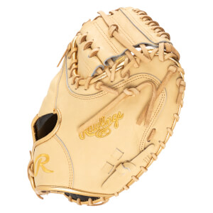 Top-down view of a tan baseball glove with gold "Rawlings" embroidery and a gold "R" logo.
