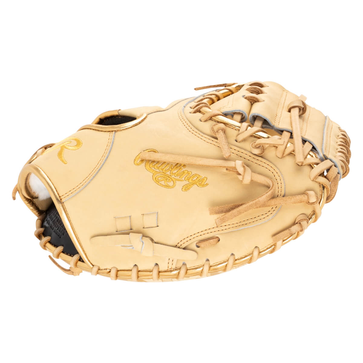 Top-down view of a tan baseball glove with gold "Rawlings" embroidery and gold trim.