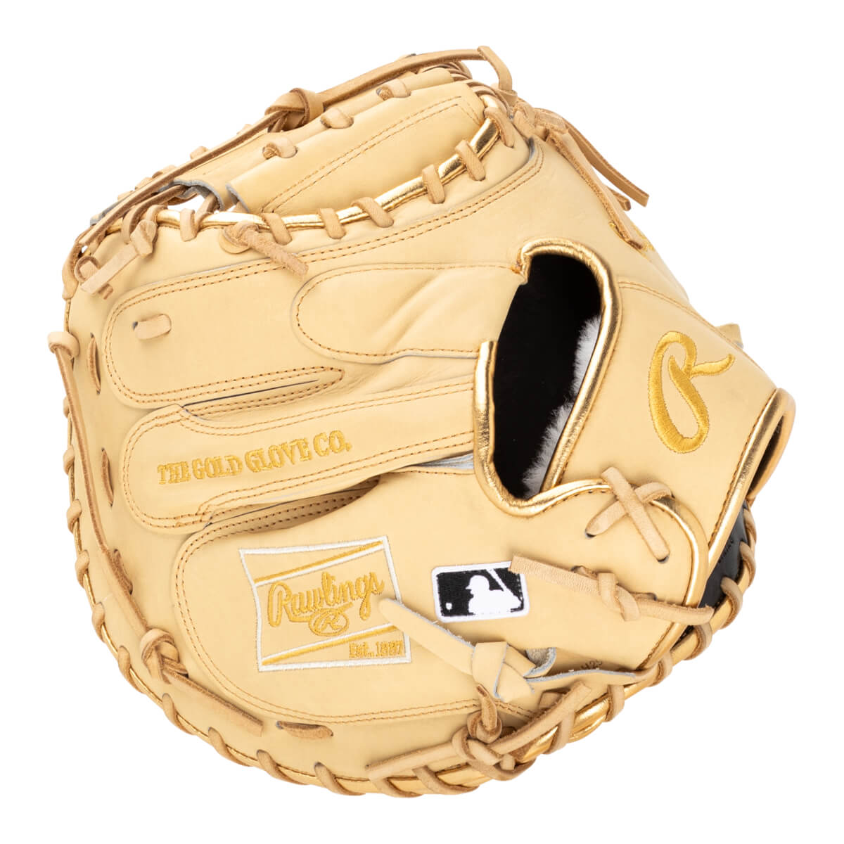 Top-down view of a tan baseball glove with gold trim, featuring "Rawlings Est. 1887" and MLB logos.