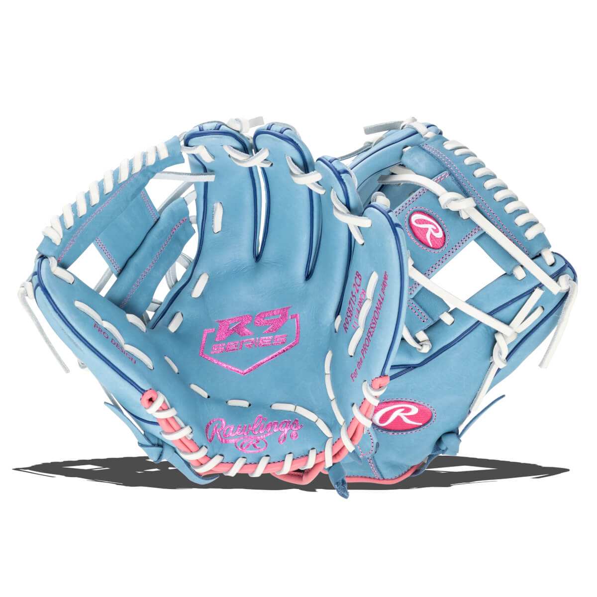 Front view of a light blue Rawlings R9 Series baseball glove with pink stitching and lettering.