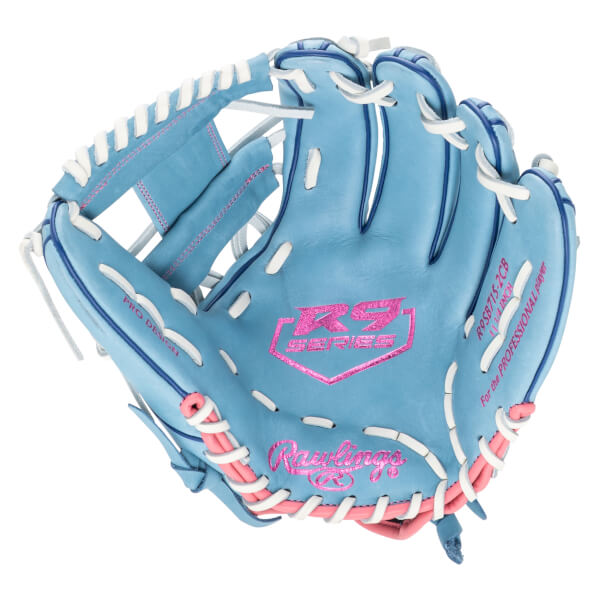 Top-down view of a light blue baseball glove with pink and white lacing, featuring "R9 SERIES" and "Rawlings" logos.