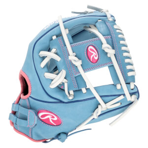 Front view of a light blue baseball glove with pink stitching and white laces, featuring a pink Rawlings logo.