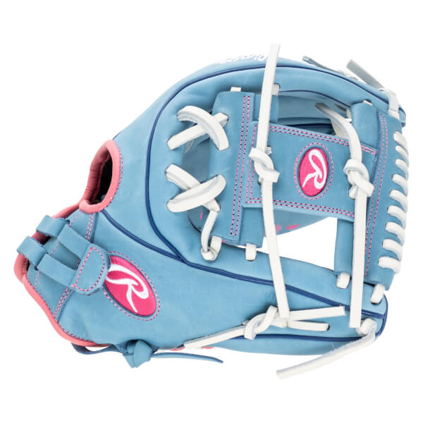 Side view of a light blue baseball glove with pink trim, white laces, and a pink Rawlings logo.