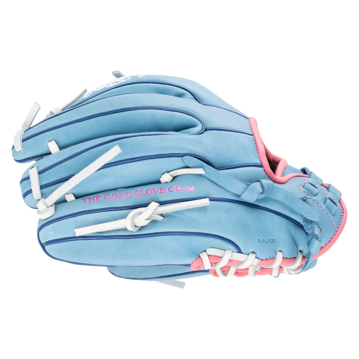 Side view of a light blue baseball glove with pink trim and white lacing, showing "THE GOLD GLOVE CO.â„¢" text.