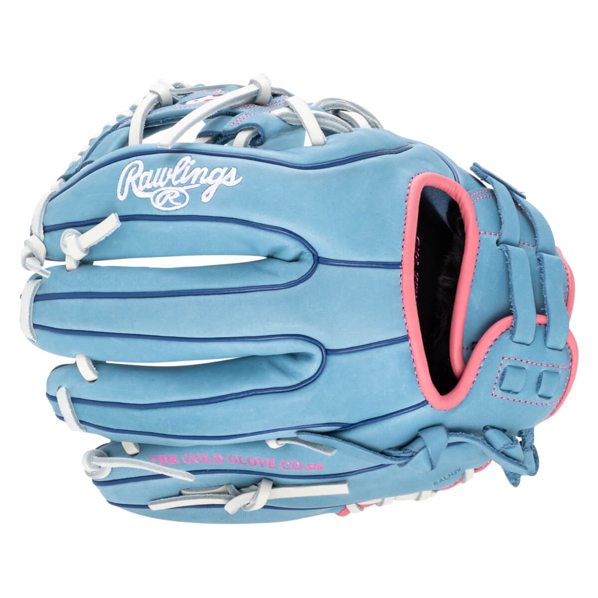 Front view of a light blue Rawlings baseball glove with pink trim and white laces, featuring "Rawlings" and "THE GOLD GLOVE CO.â„¢" text.