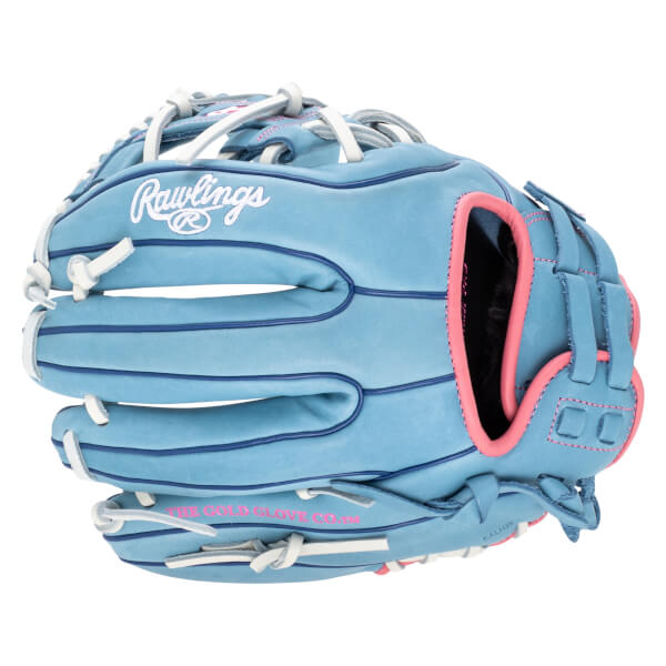 Front view of a light blue Rawlings baseball glove with pink trim and white laces, featuring "Rawlings" and "THE GOLD GLOVE CO.â„¢" text.
