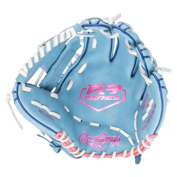 Top-down view of a light blue baseball glove with pink "Rawlings" and "R9 SERIES" logos, and white and blue lacing.