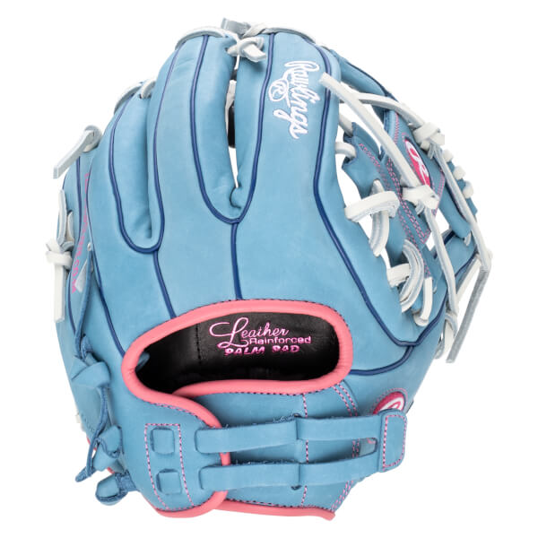 Front view of a light blue baseball glove with white laces and pink accents, showing the "Rawlings" logo and "Leather Reinforced Palm Pad" text.