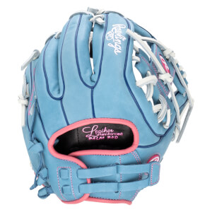 Front view of a light blue baseball glove with white laces and pink accents, showing the "Rawlings" logo and "Leather Reinforced Palm Pad" text.