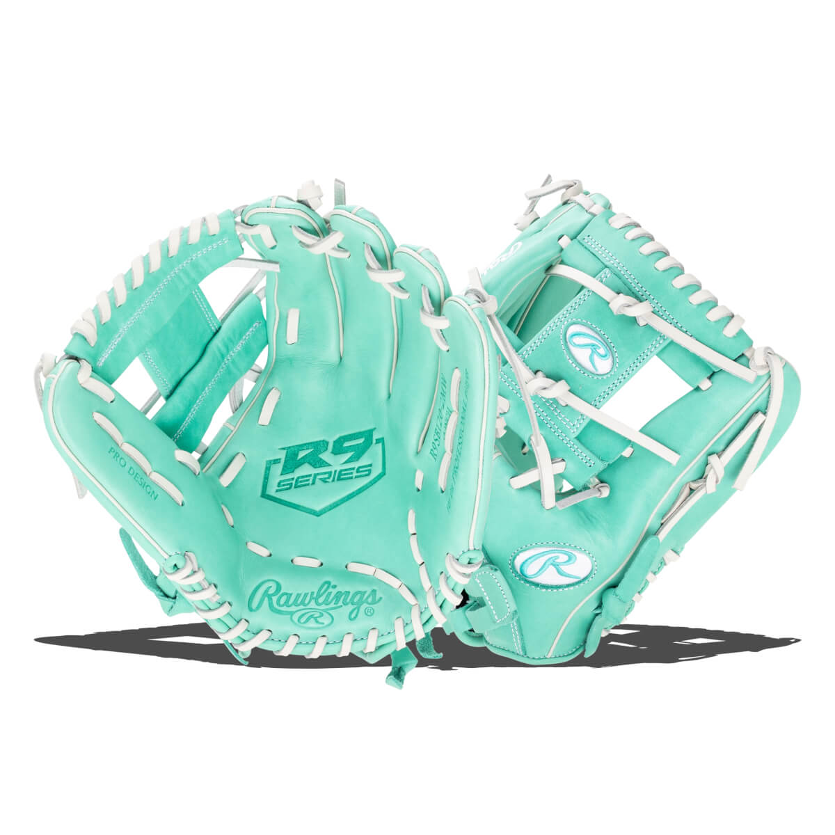 Front view of two teal baseball gloves with white lacing, showing "R9 SERIES" and "Rawlings" logos.