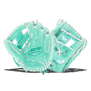 Front view of two teal baseball gloves with white lacing, showing "R9 SERIES" and "Rawlings" logos.