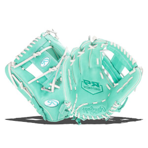 Top-down view of two teal baseball gloves with white lacing, featuring Rawlings logos and "PRO DESIGN" text.