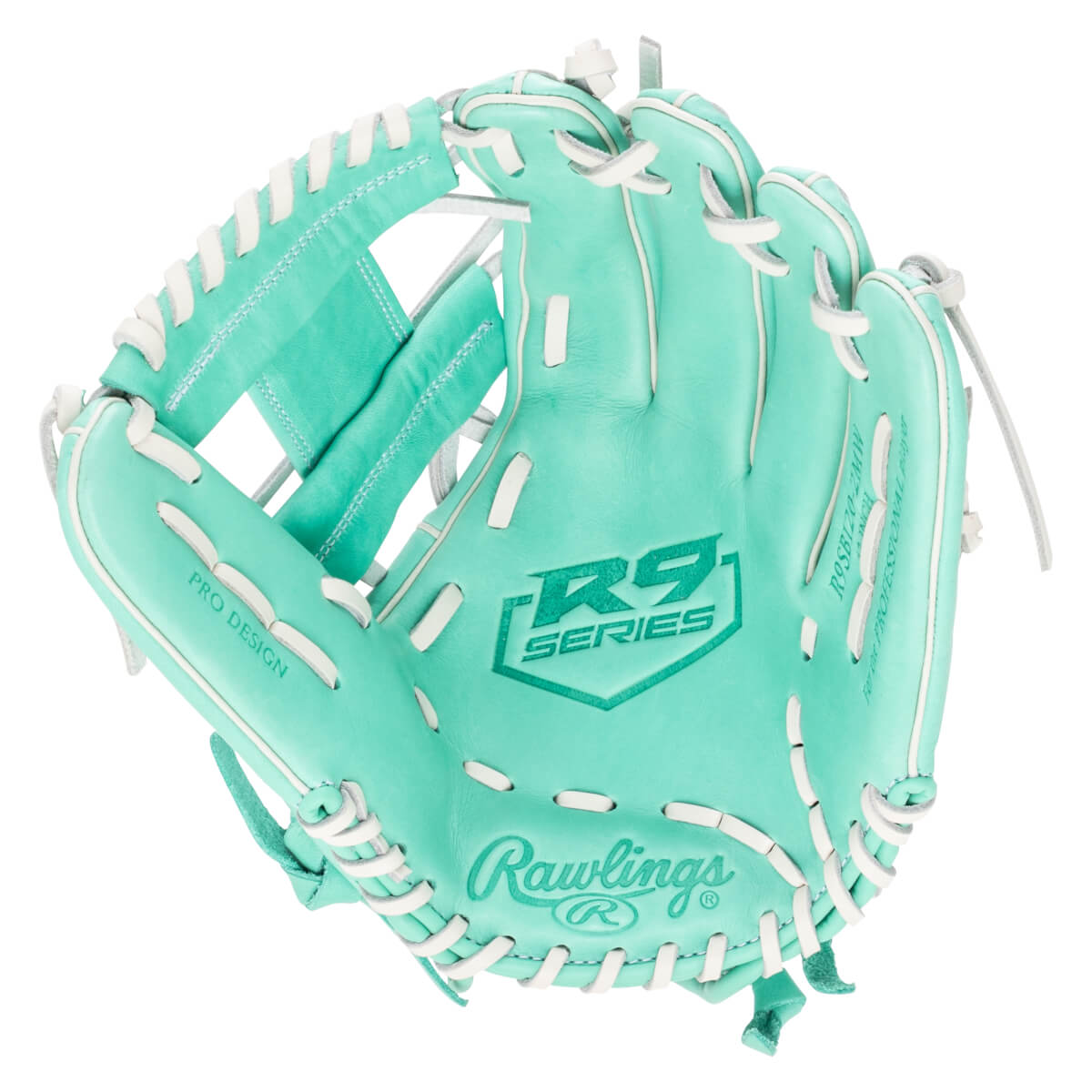 Top-down view of a teal Rawlings R9 Series baseball glove with white lacing and "PRO DESIGN" text.
