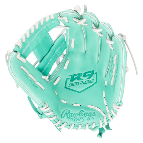 Top-down view of a teal Rawlings R9 Series baseball glove with white lacing and "PRO DESIGN" text.
