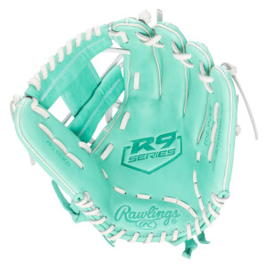 Top-down view of a teal Rawlings R9 Series baseball glove with white lacing and "PRO DESIGN" text.